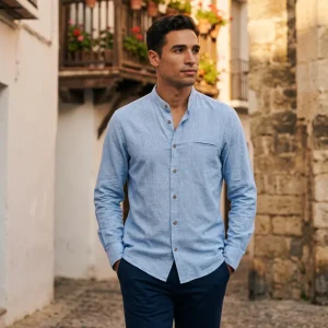 Camisa Chambray Celeste Mandarín