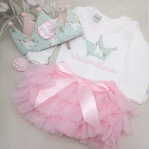 Pack cumpleaños brilli  brilli unicornios fondo mint con tutú y corona cintas