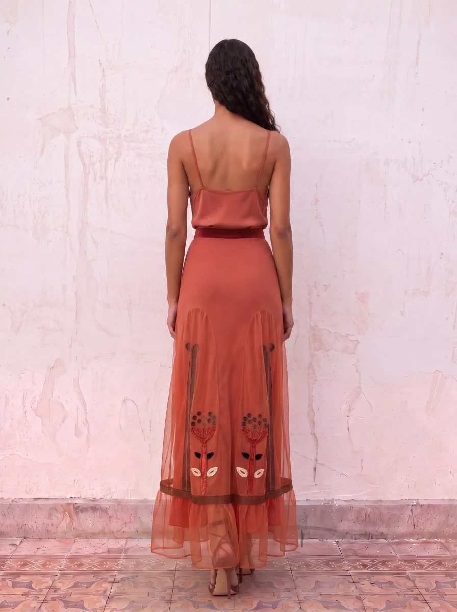 Falda de tul bordada coral - Imagen 4