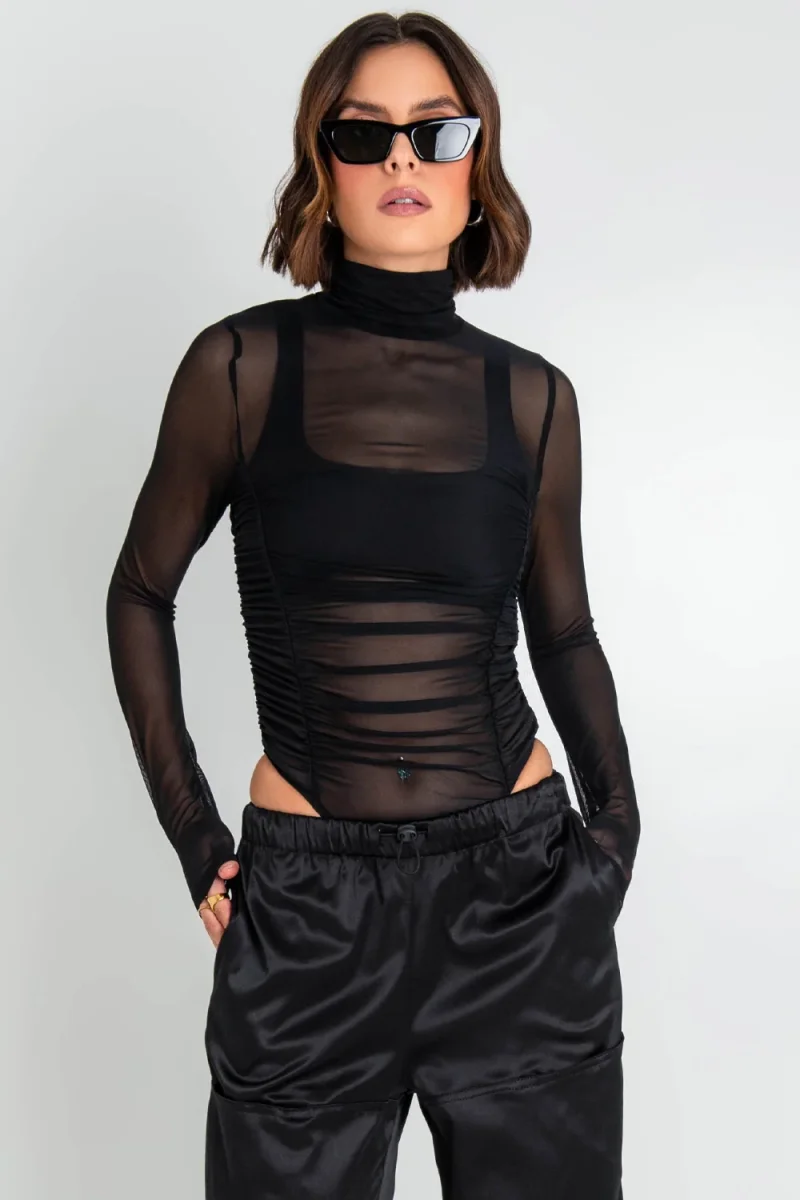 Body de mesh con plisados cuello alto - Imagen 5
