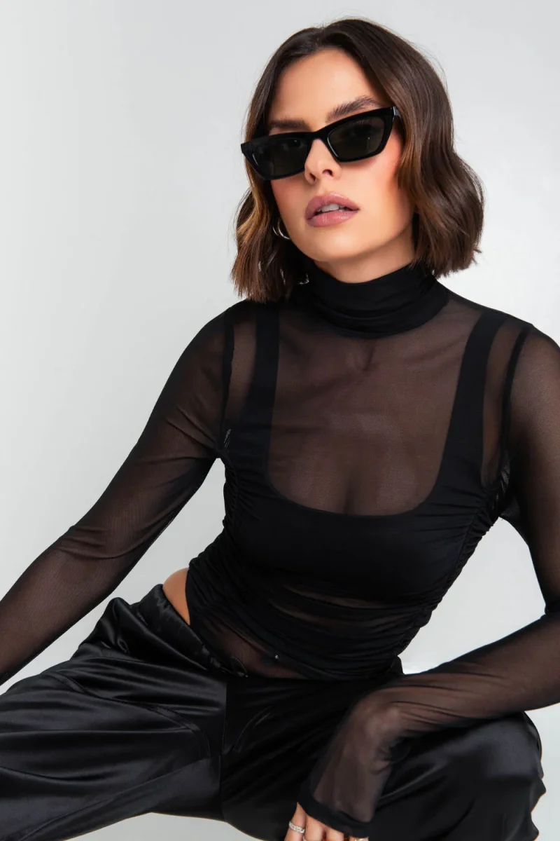 Body de mesh con plisados cuello alto - Imagen 6