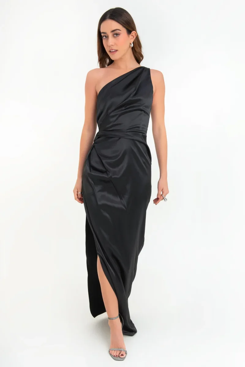 Maxi vestido satinado un hombro con plisados - Imagen 3