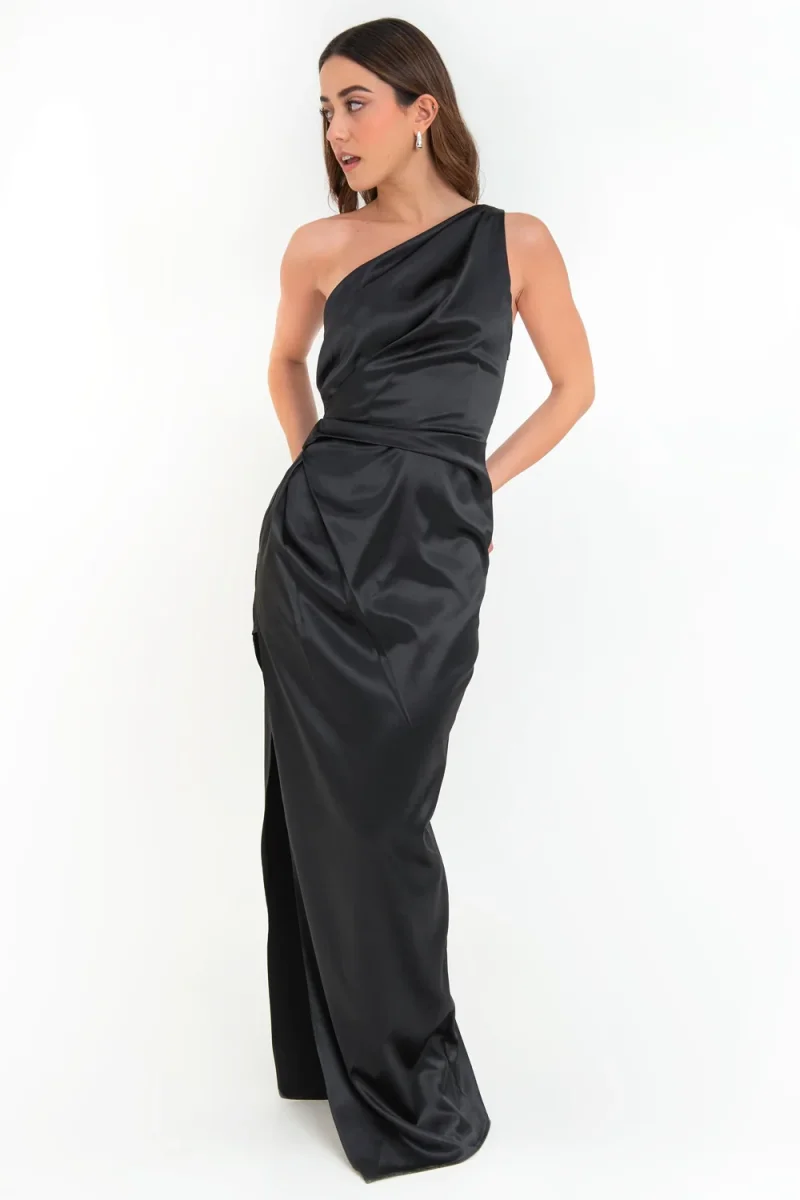 Maxi vestido satinado un hombro con plisados - Imagen 5