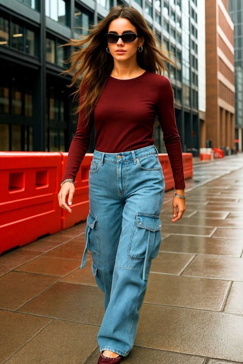 Pantalón cargo multipocket de denim fit wide leg - Imagen 2