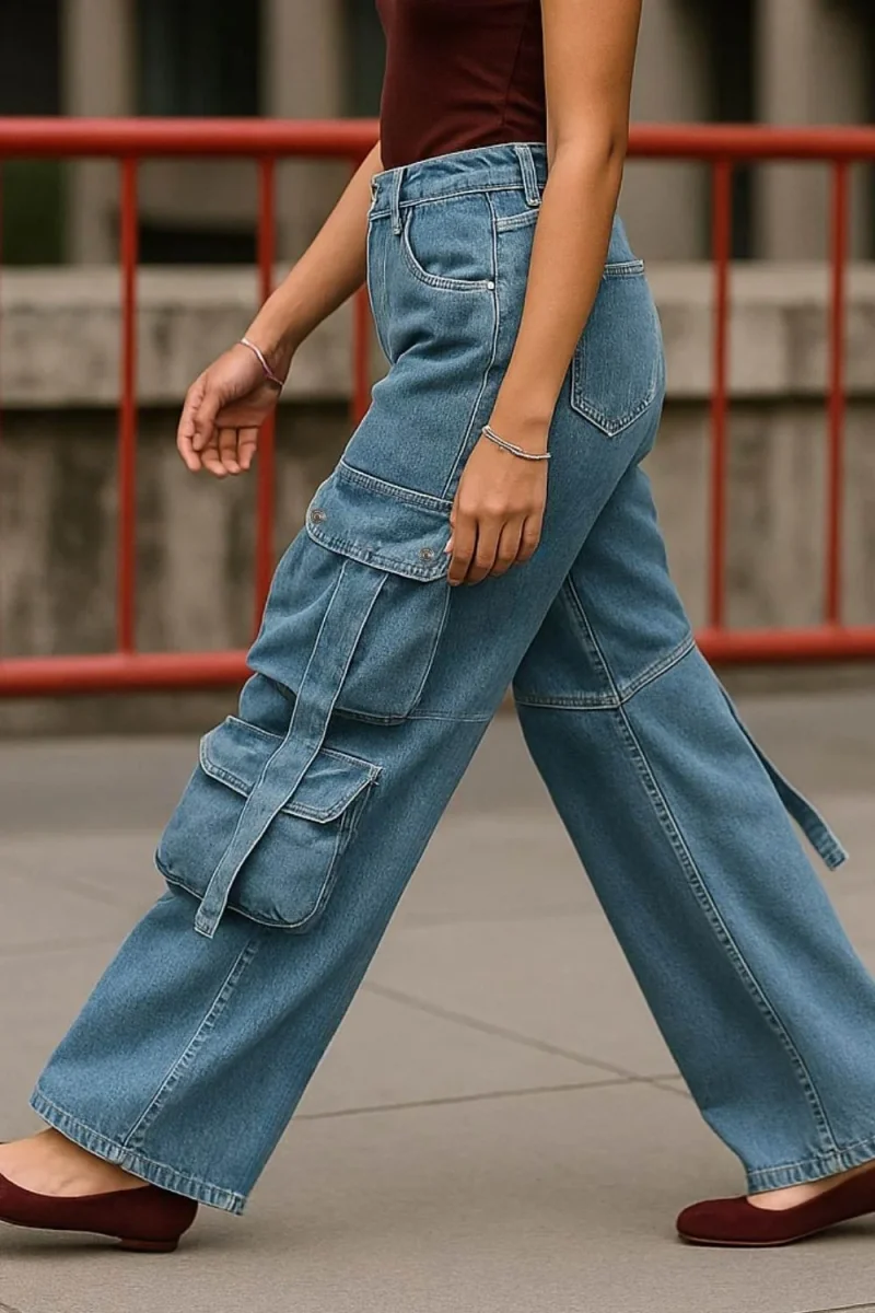 Pantalón cargo multipocket de denim fit wide leg - Imagen 3