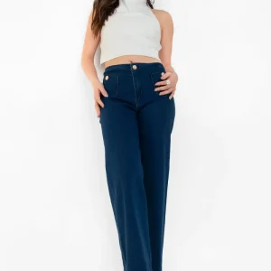 Pantalón de denim cropped flare bolsillos con botón