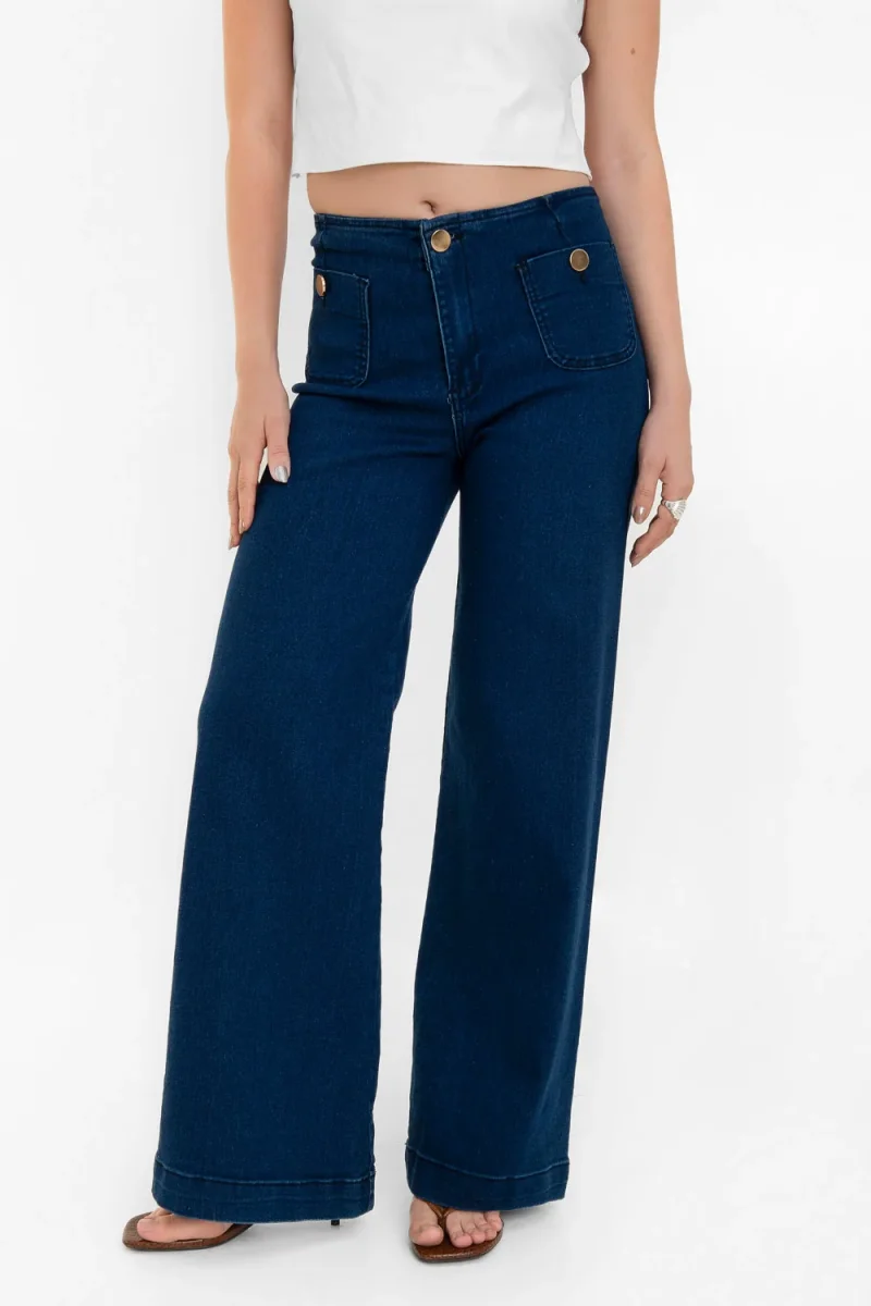 Pantalón de denim cropped flare bolsillos con botón - Imagen 3