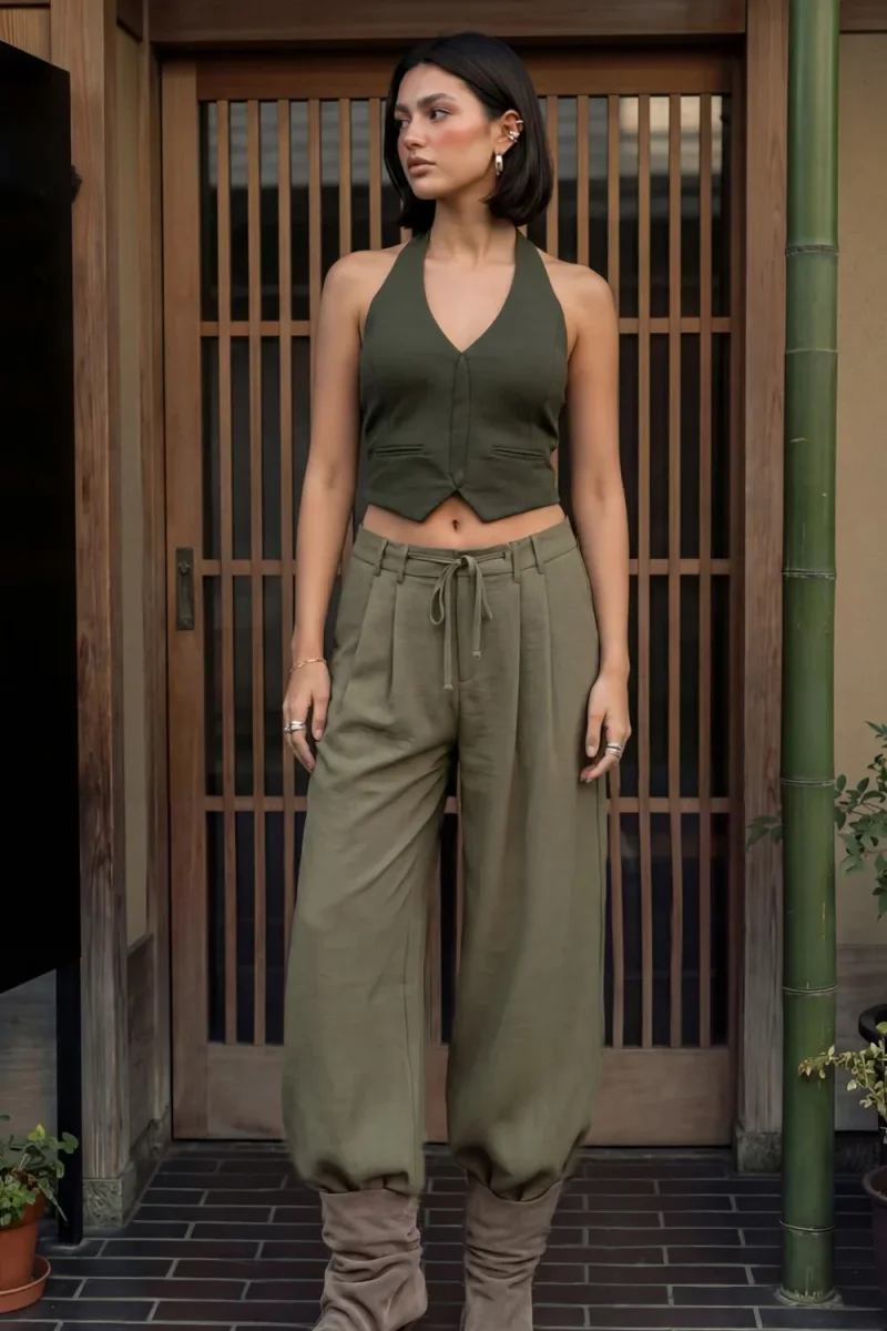 Pantalón wide leg con lazo cintura