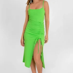Vestido midi ajustado de tirantes jareta con abertura