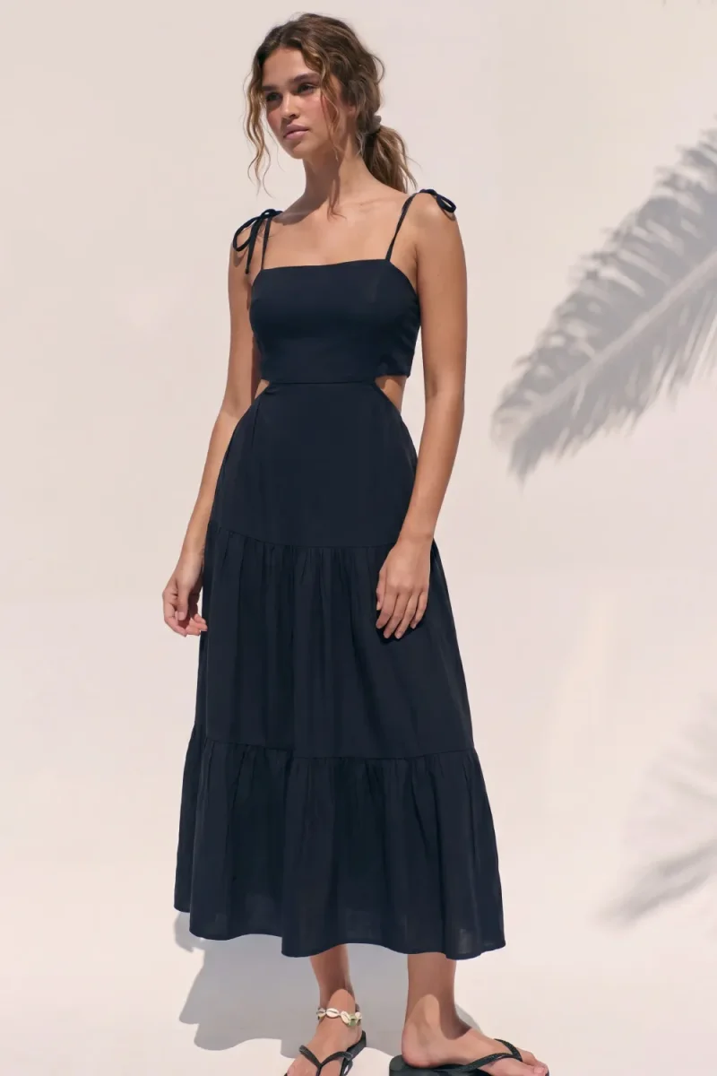 Vestido midi de lino tirantes con nudo - Imagen 3