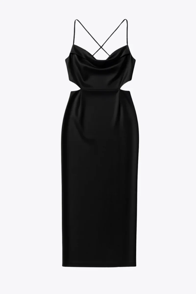 Vestido midi satinado cut out cintura con lazado - Imagen 7