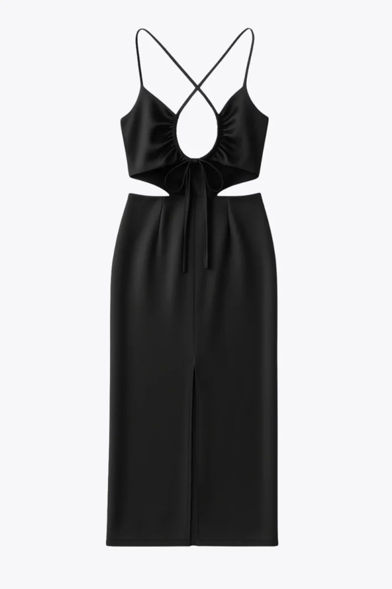 Vestido midi satinado cut out cintura con lazado - Imagen 8