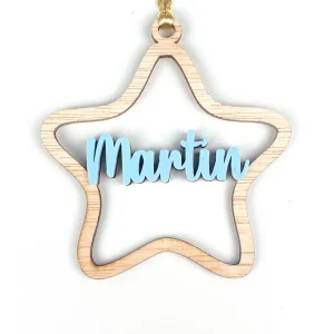 Bola navidad personalizada estrella madera con nombre en color