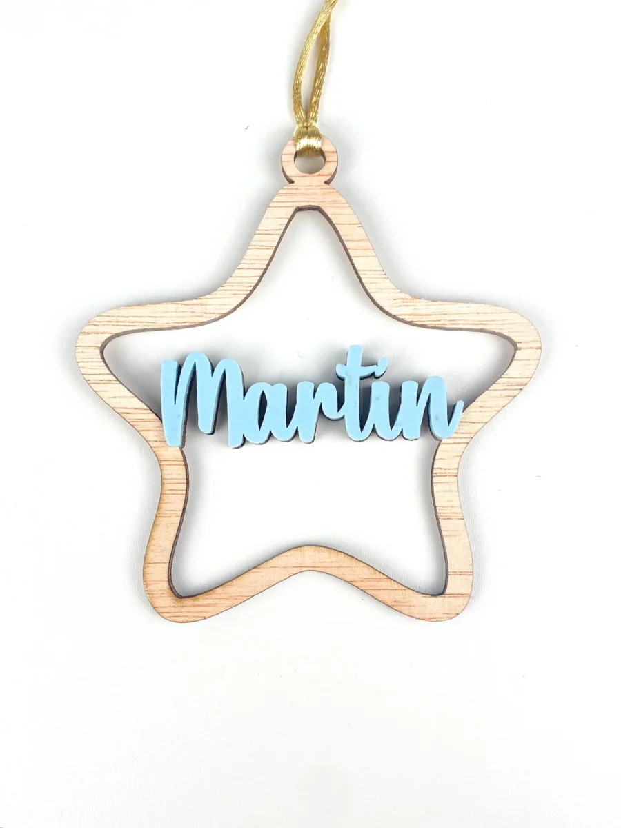 Bola navidad personalizada estrella madera con nombre en color