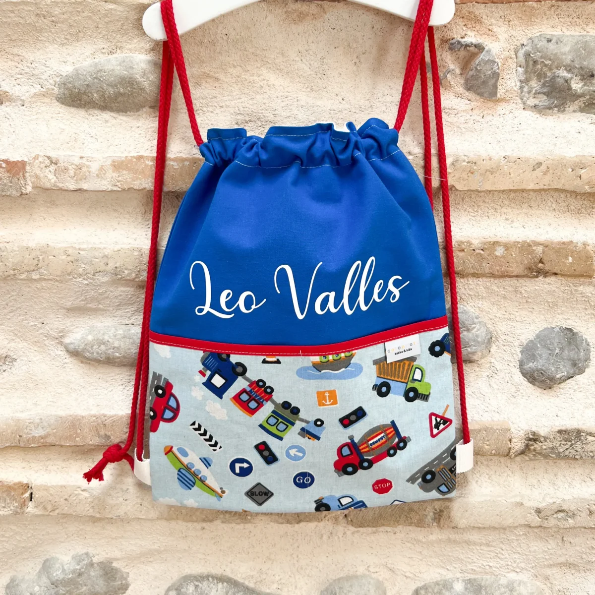 Mochila personalizada vehículos azul con rojo