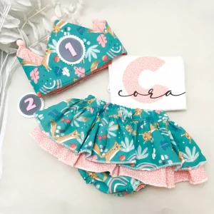 Conjunto cumpleaños cubrepañal con dos volantes bosque mint
