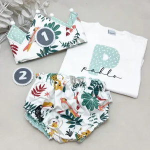 Conjunto cumpleaños selva fondo blanco con menta
