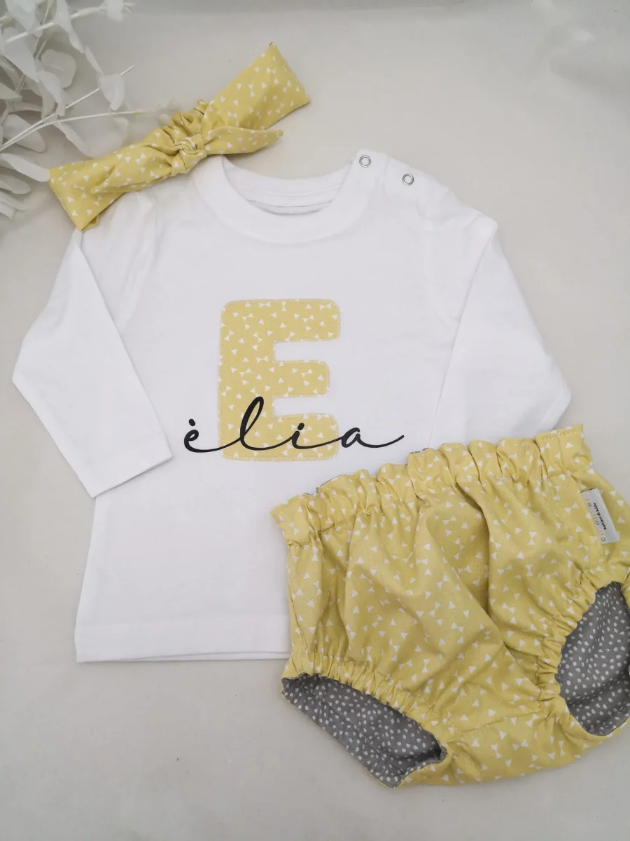 Turbante, cubrepañal reversible y camiseta niña con inicial y nombre MANGA CORTA - Imagen 2