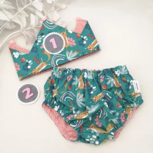 Conjunto corona cumpleaños y cubrepañal bosque mint