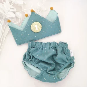 Conjunto corona cumpleaños y cubrepañal muselina eucalipto