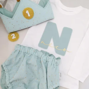 Conjunto cumpleaños inicial muselina mint