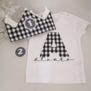 Conjunto cumpleaños corona y camiseta Vichy cuadro grande. Varios colores