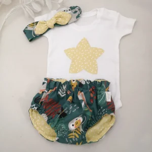 Body bebé personalizado manga corta con cubrepañal reversible y turbante a juego