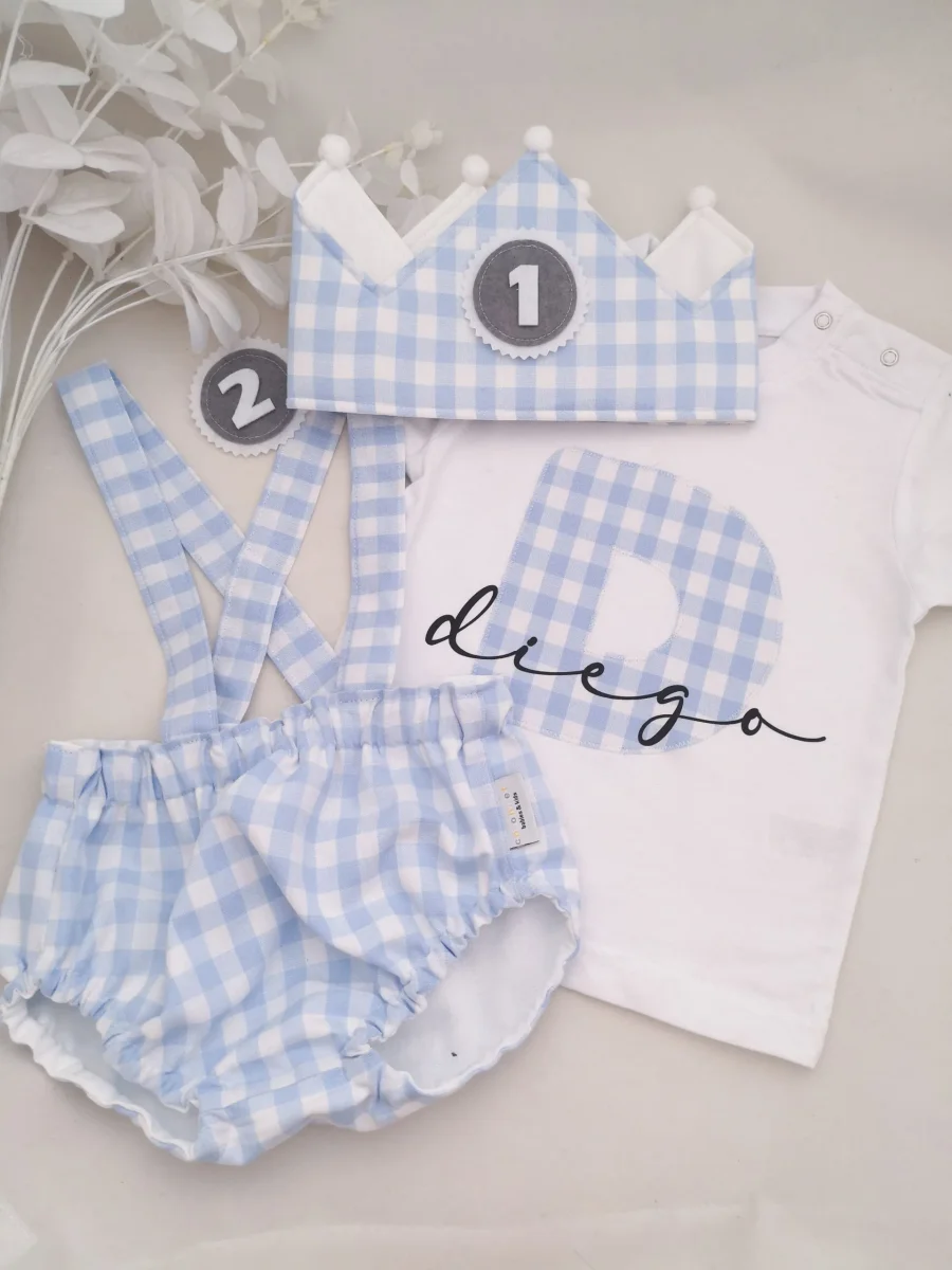 Conjunto cumpleaños con tirantes inicial vichy cuadro grande. Varios colores