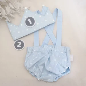 Conjunto cumpleaños corona y cubrepañal con tirantes  estrellas nude. Varios colores