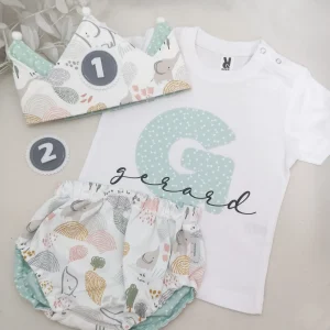 Conjunto cumpleaños elefantes pastel con mint