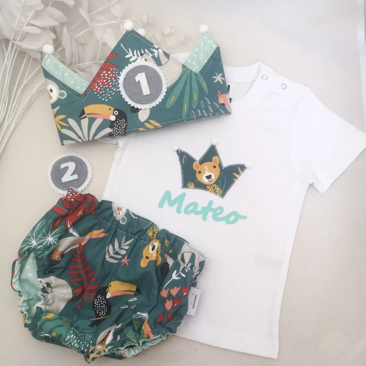 Conjunto cumpleaños selva con mint