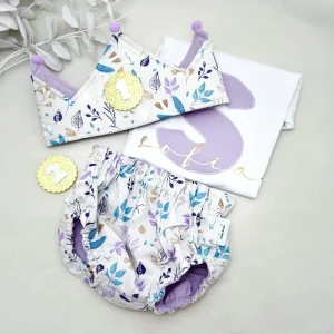Conjunto cumpleaños pajaritos y flores lila