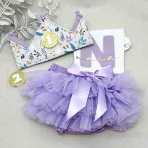 Conjunto cumpleaños tutú pajaritos y flores lila