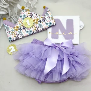 Conjunto cumpleaños tutú flores lila