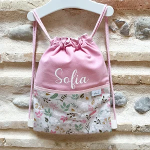 Mochila personalizada cuerdas pajaritos y flores rosa