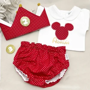 Conjunto cumpleaños mickey bebé granate y dorado