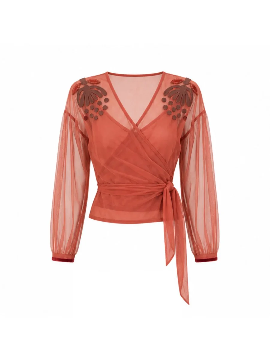 Blusa de tul bordada coral - Imagen 6